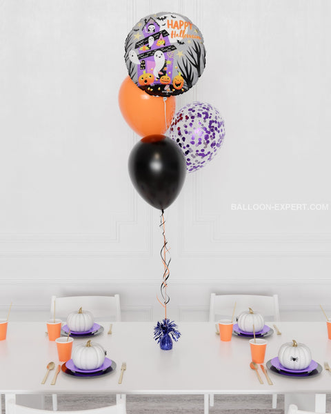 Haunted House Happy Halloween Foil Confetti Balloon Bouquet, 4 Balloons, inflated with helium