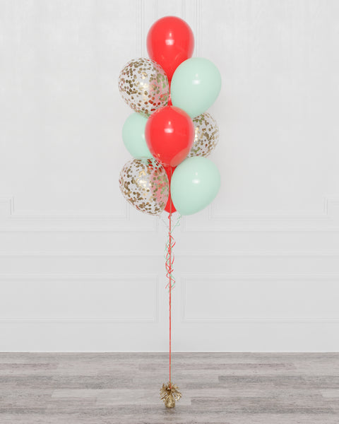 Holiday Confetti Balloon Bouquet in mint and red latex balloon with gold confetti, full image