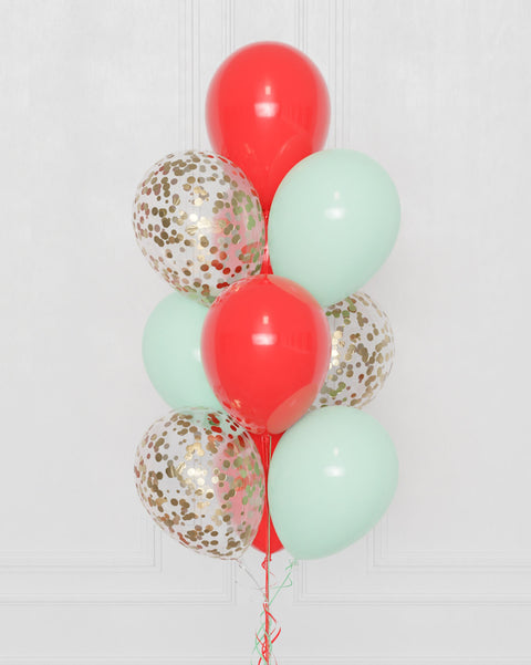 Holiday Confetti Balloon Bouquet in mint and red latex balloon with gold confetti, close up image