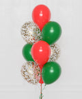 Holiday Confetti Balloon Bouquet with red and green latex balloon, close up image