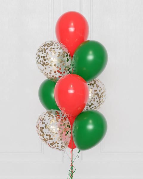 Holiday Confetti Balloon Bouquet with red and green latex balloon, close up image