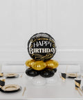 Limited Edition Happy Birthday Quad Balloon Centerpiece in Black, Gold, and White