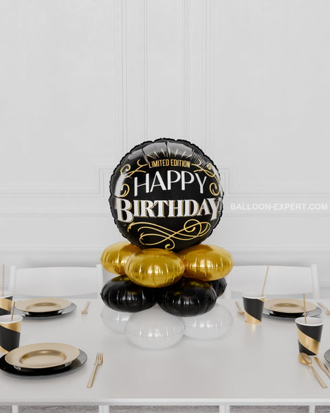 Limited Edition Happy Birthday Quad Balloon Centerpiece in Black, Gold, and White