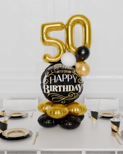 Limited Edition Happy Birthday Quad Number Balloon Centerpiece - Black and Gold