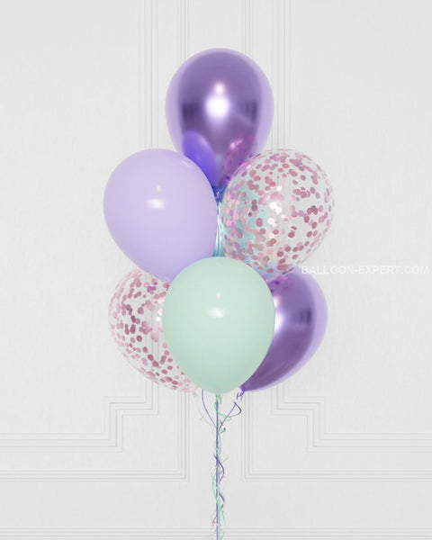 Mermaid Confetti Balloon Bouquet, 7 Balloons, Helium Inflated, close-up image