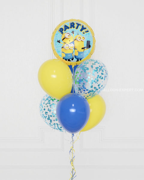 Minions Foil Confetti Balloon Bouquet, 7 balloons, close up image, Balloon Expert