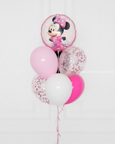 Minnie Mouse Foil Confetti Balloon Bouquet, 7 balloons, close up image, Balloon Expert