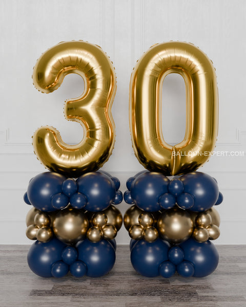 Navy Blue and Gold, Double Number Balloon Columns, inflated with air