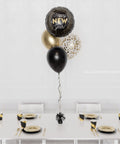 Happy New Year 2024 Confetti Foil Balloon Bouquet 4 Balloons - Black And Gold Midnight Glam Bouquets