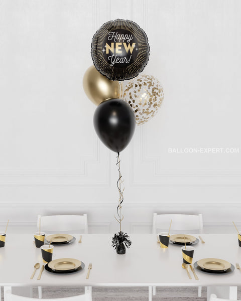 Happy New Year 2024 Confetti Foil Balloon Bouquet 4 Balloons - Black And Gold Midnight Glam Bouquets