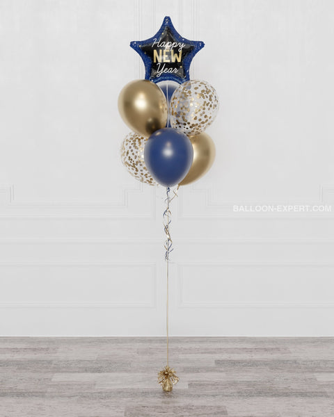 New Year Star Confetti Balloon Bouquet, 7 Balloons, in Blue and Gold, full image