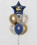 New Year Star Confetti Balloon Bouquet, 7 Balloons, in Blue and Gold, close-up image