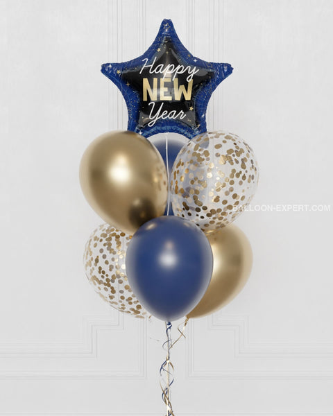 New Year Star Confetti Balloon Bouquet, 7 Balloons, in Blue and Gold, close-up image
