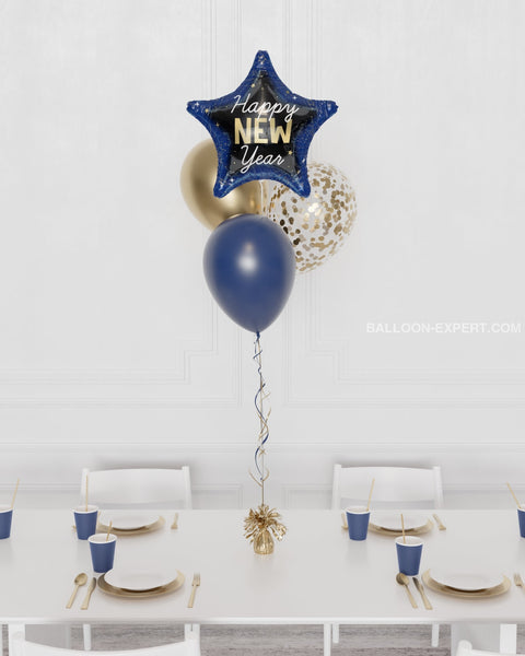 New Year Star Confetti Foil Balloon Bouquet, 4 Balloons, in Blue and Gold, sold by Balloon Expert