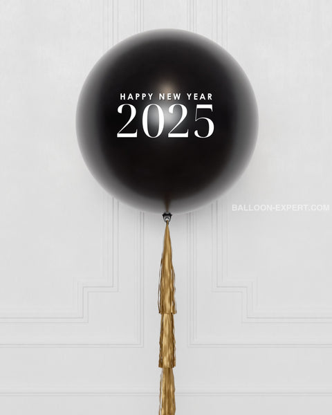 New Year's Eve Black and Gold Jumbo Balloon with Tassels, close up picture, 2026