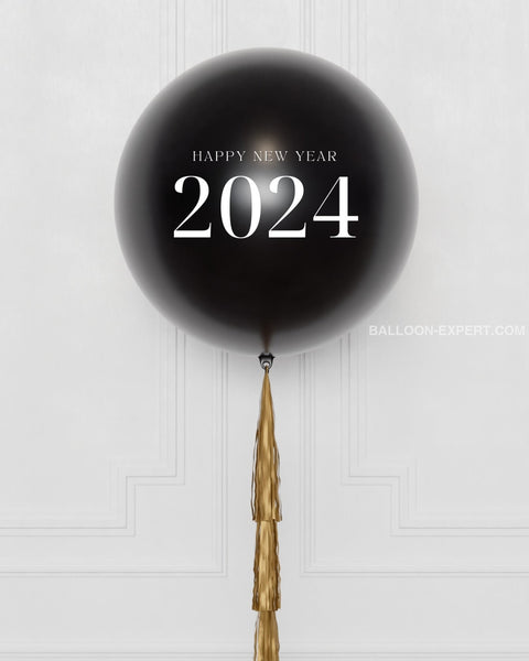 New Year's Eve Black and Gold Jumbo Balloon with Tassels, close up image