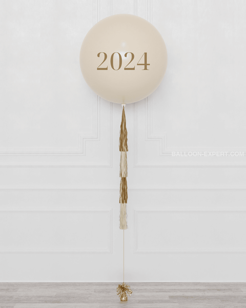 New Year's Eve Cashmere and Gold Jumbo Balloon with Tassels, Inflated with helium