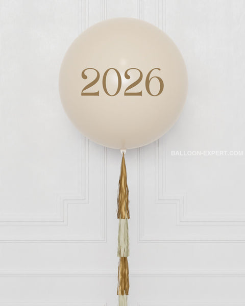 New Year's Eve Cashmere and Gold Jumbo Balloon with Tassels, 2026, close up