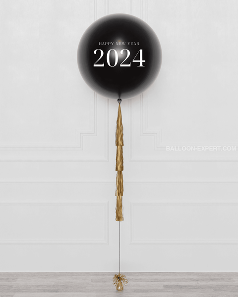New Year's Eve Black and Gold Jumbo Balloon with Tassels, Inflated with Helium