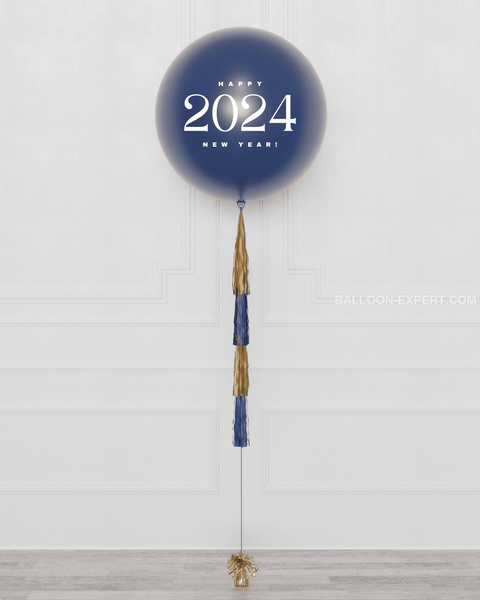 New Year's Eve Navy Blue and Gold - Jumbo Balloon with Tassels, inflated with Helium