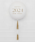 New Year's Eve White and Gold Jumbo Balloon with Tassels, close-up image