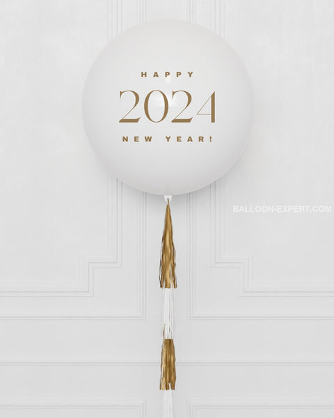 New Year's Eve White and Gold Jumbo Balloon with Tassels, close-up image
