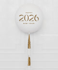 New Year's Eve White and Gold Jumbo Balloon with Tassels, close up, 2026