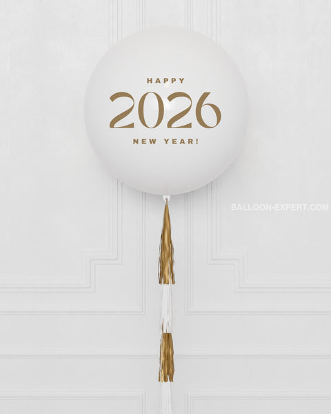 New Year's Eve White and Gold Jumbo Balloon with Tassels, close up, 2026