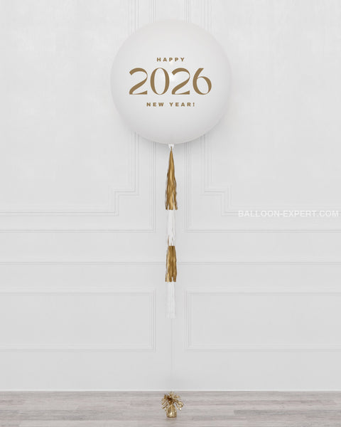New Year's Eve White and Gold Jumbo Balloon with Tassels, 2026, full image