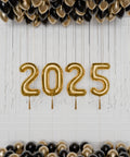 New Years Eve 2025 Balloon Package, in Black and Gold latex balloons, inflated with helium