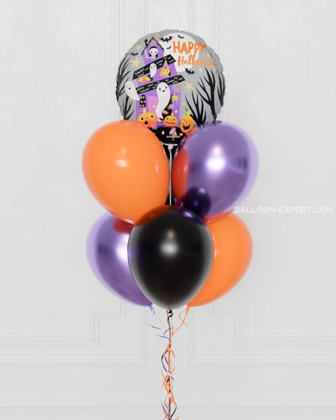 Orange, Black, Purple Happy Halloween Balloon Bouquet, 7 Balloons, close up image