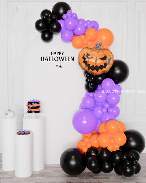 Orange, Black, and Purple Halloween Balloon Garland, 12ft, inflated with air, sold by Balloon Expert