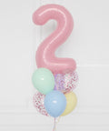 Pastel Rainbow - Number Confetti Balloon Bouquet, 7 Balloons, close up image, sold by Balloon Expert