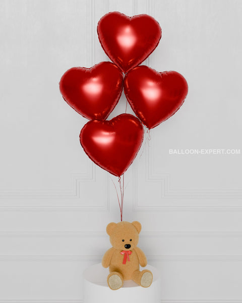 Red Heart Foil Balloon Bouquet, 4 Balloons, Helium Inflated, sold by Balloon Expert