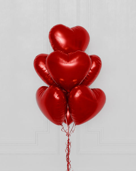 Red Heart Foil Balloon Bouquet, 7 Balloons, closeup image, sold by Balloon Expert