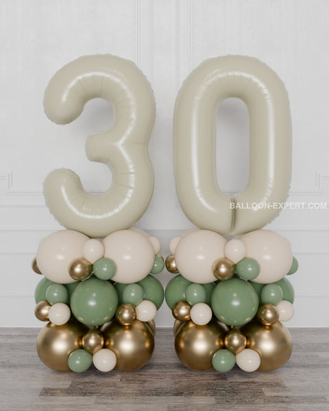 Sage Green Ivory And Gold - Double Number Balloon Columns