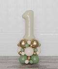 Sage Green, Ivory, and Gold Number Balloon Column, air-inflated