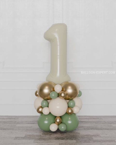 Sage Green, Ivory, and Gold Number Balloon Column, air-inflated