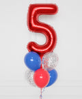 Spider-Man Number Confetti Balloon Bouquet, 7 Balloons, close up, sold by Balloon Expert