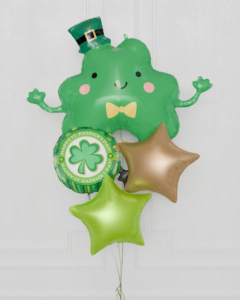 St.Patrick's Day Foil Balloon Bouquet, 4 Balloons, Green and Gold, close up image