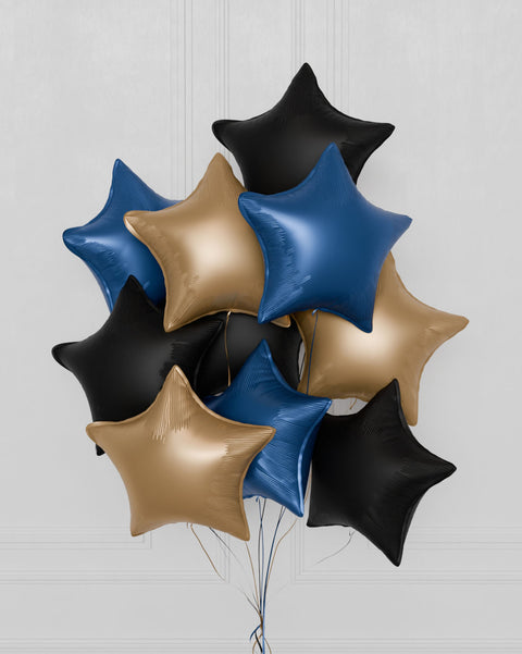 Stars Foil Balloon Bouquet, 10 Balloons - Blue, Gold, and Black