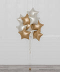 Stars Foil Balloon Bouquet, 10 Balloons in Gold and White, Helium Inflated