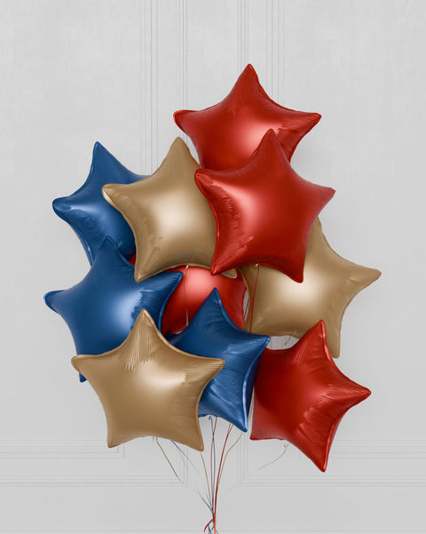 Stars Foil Balloon Bouquet, 10 Balloons in Red, Blue, and Gold, Helium Inflated, Closeup