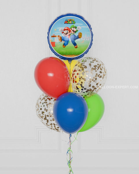 Super Mario Bros Foil Confetti Balloon Bouquet, 7 balloons, close up