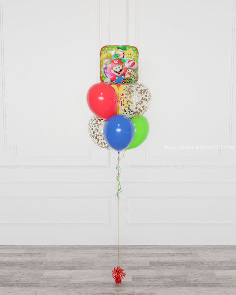 Super Mario Foil Confetti Balloon Bouquet, 7 balloons, full image, Balloon Expert