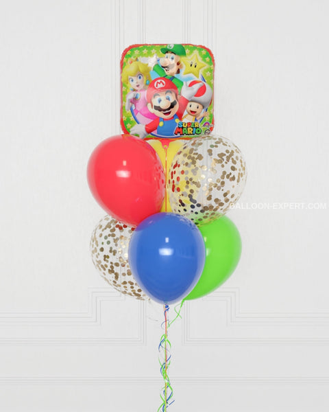Super Mario Foil Confetti Balloon Bouquet, 7 balloons, close up image, Balloon Expert
