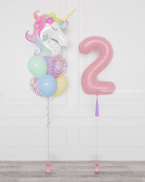 Unicorn Supershape Confetti Balloon Bouquet and Number Balloon