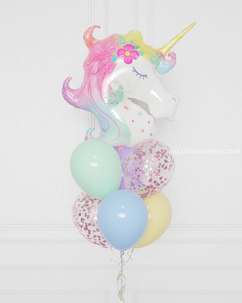 Unicorn Supershape Confetti Balloon Bouquet, close up image, Balloon Expert