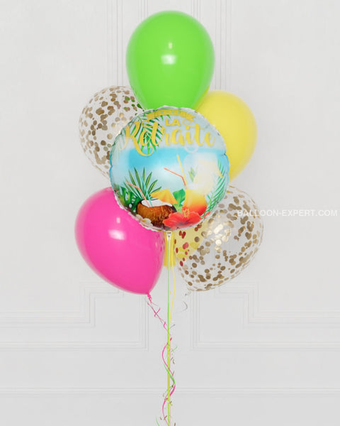 Vive La Retraite Tropical Confetti Balloon Bouquet, 7 Balloons, closeup image, sold by Balloon Expert