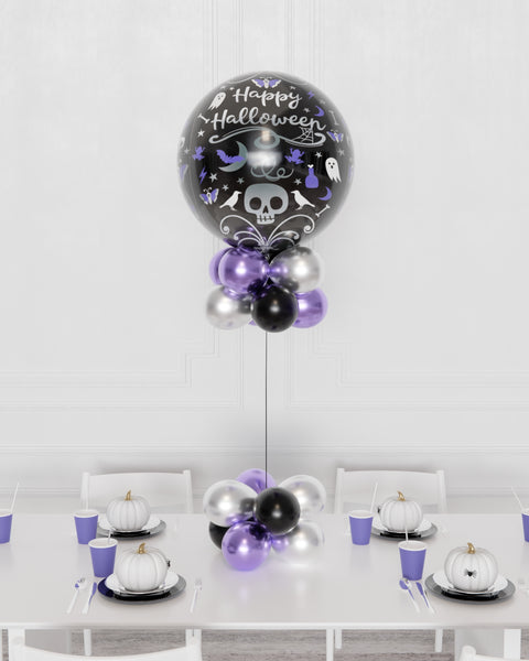 Wednesday Addams "Happy Halloween" Orbz Balloon Centerpiece, sold by Balloon Expert